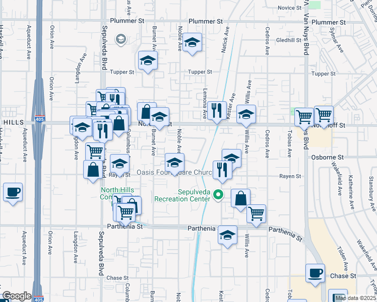 map of restaurants, bars, coffee shops, grocery stores, and more near 8946 Noble Avenue in Los Angeles