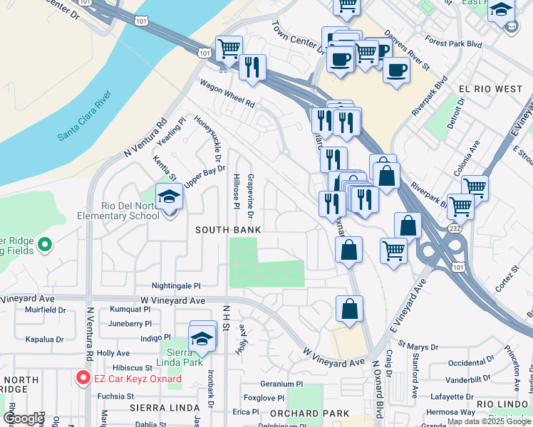 map of restaurants, bars, coffee shops, grocery stores, and more near 2471 Elderberry Drive in Oxnard