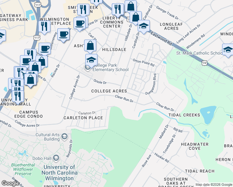 map of restaurants, bars, coffee shops, grocery stores, and more near 5126 Clear Run Dr in Wilmington