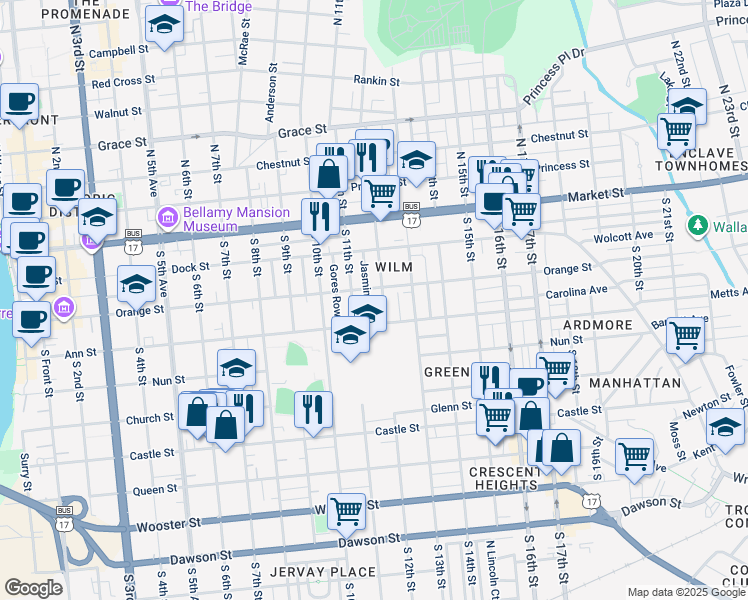 map of restaurants, bars, coffee shops, grocery stores, and more near 222 South 12th Street in Wilmington