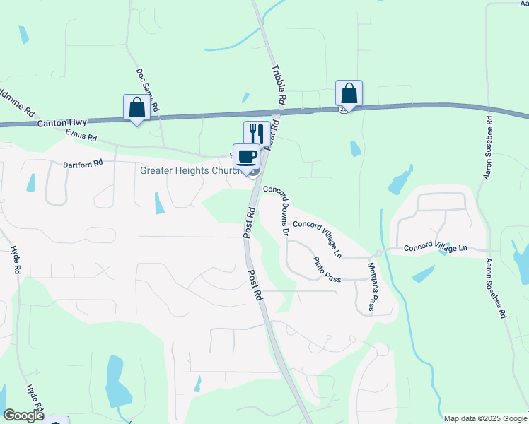 map of restaurants, bars, coffee shops, grocery stores, and more near 3875 Post Road in Cumming