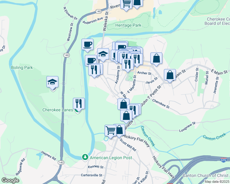 map of restaurants, bars, coffee shops, grocery stores, and more near 172 Railroad Street in Canton