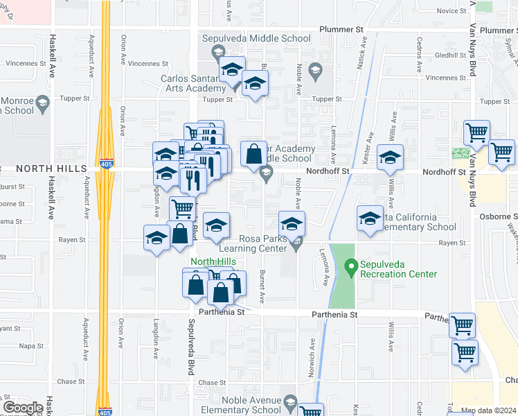 map of restaurants, bars, coffee shops, grocery stores, and more near 9001 Burnet Avenue in Los Angeles