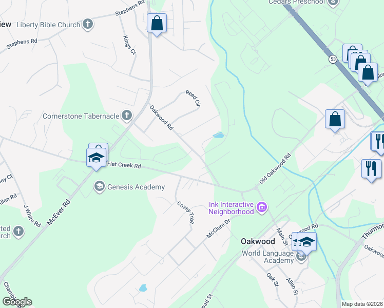 map of restaurants, bars, coffee shops, grocery stores, and more near 3951 Oakwood Road in Oakwood