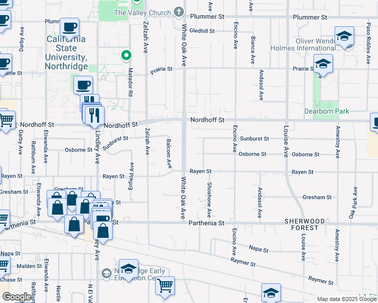 map of restaurants, bars, coffee shops, grocery stores, and more near 8946 White Oak Avenue in Los Angeles