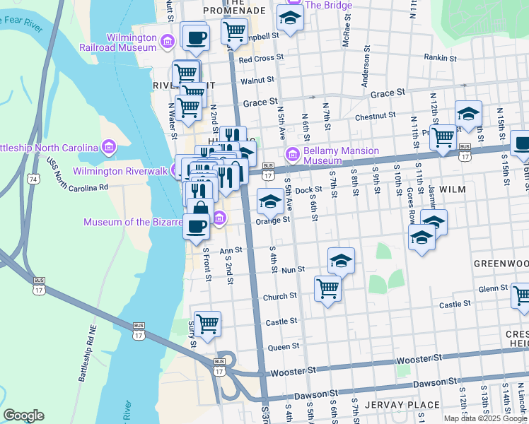 map of restaurants, bars, coffee shops, grocery stores, and more near 318 Orange Street in Wilmington