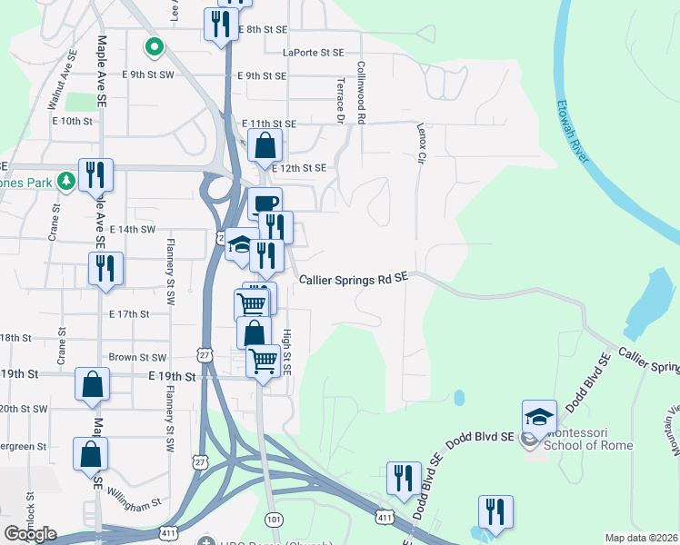 map of restaurants, bars, coffee shops, grocery stores, and more near 2516 Callier Springs Road Southeast in Rome
