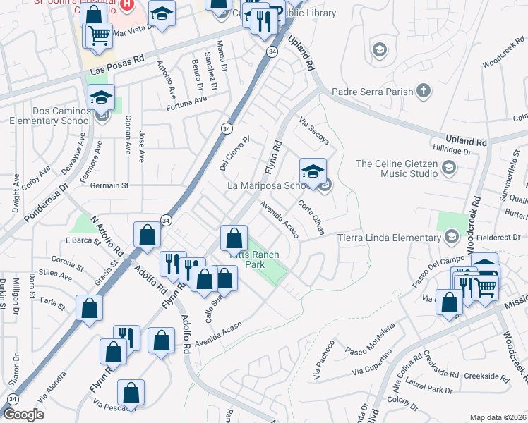 map of restaurants, bars, coffee shops, grocery stores, and more near 4609 Calle Descanso in Camarillo