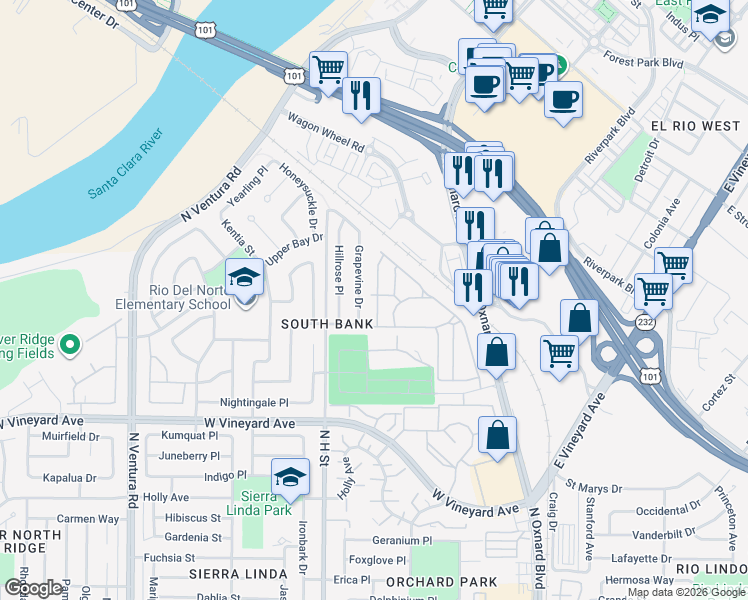map of restaurants, bars, coffee shops, grocery stores, and more near 2485 Elderberry Drive in Oxnard