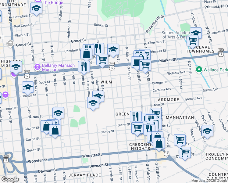 map of restaurants, bars, coffee shops, grocery stores, and more near 209 South 13th Street in Wilmington