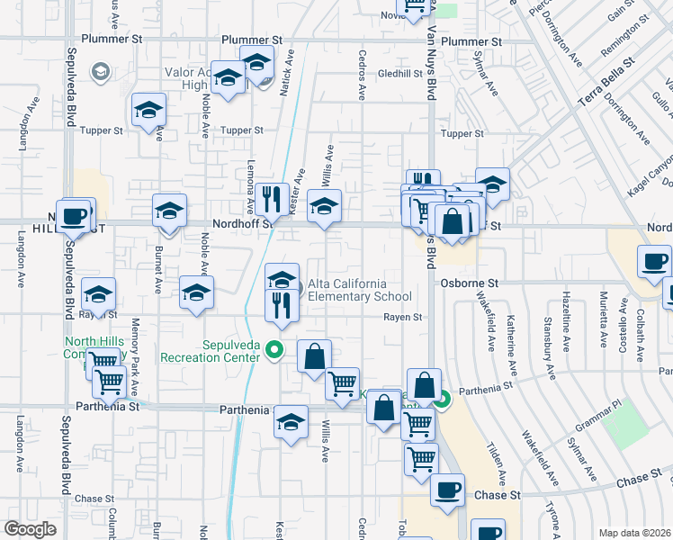 map of restaurants, bars, coffee shops, grocery stores, and more near 9024 Willis Avenue in Los Angeles