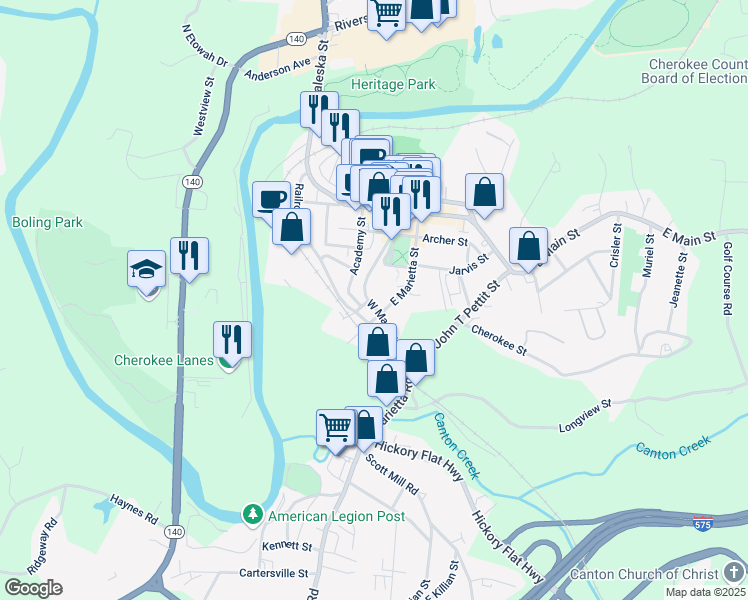 map of restaurants, bars, coffee shops, grocery stores, and more near 235 West Marietta Street in Canton