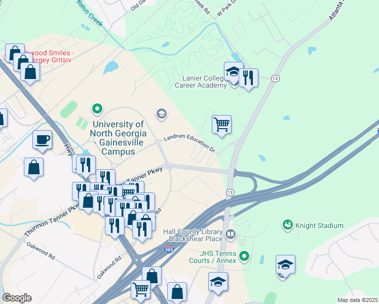 map of restaurants, bars, coffee shops, grocery stores, and more near 2988 Frontage Road in Gainesville