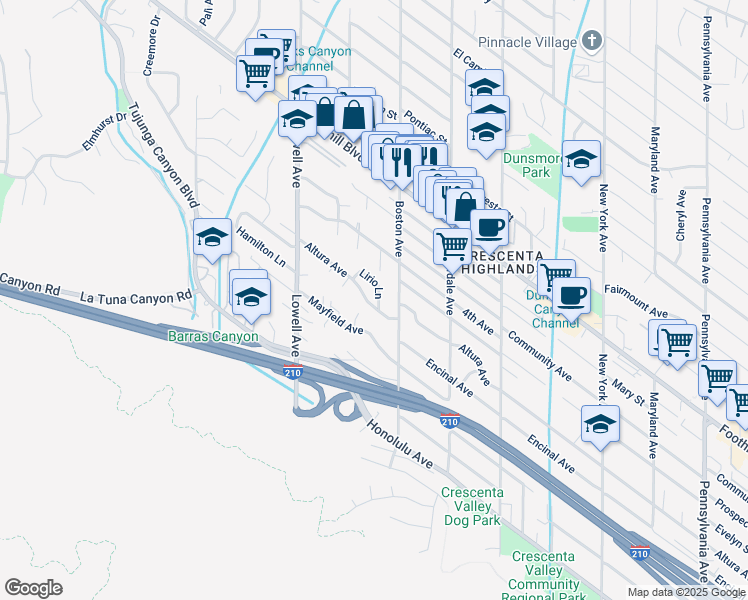 map of restaurants, bars, coffee shops, grocery stores, and more near 3824 Altura Avenue in Glendale