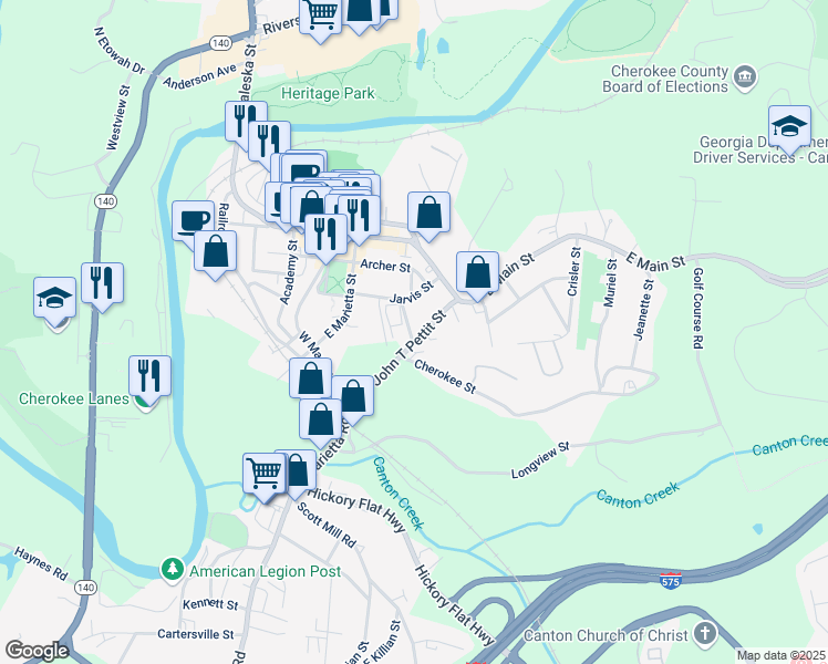 map of restaurants, bars, coffee shops, grocery stores, and more near 201 Doctor John T Pettit Street in Canton