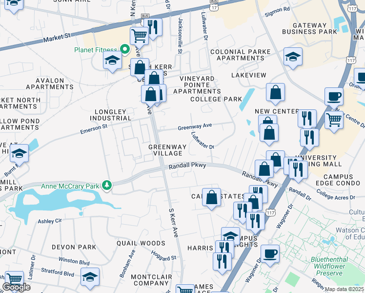 map of restaurants, bars, coffee shops, grocery stores, and more near 321 South Kerr Avenue in Wilmington