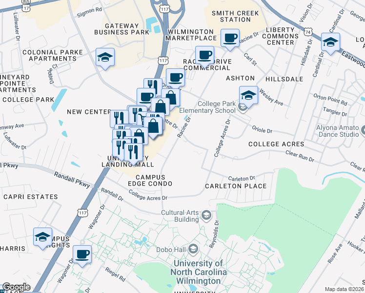 map of restaurants, bars, coffee shops, grocery stores, and more near 5300 New Centre Drive in Wilmington