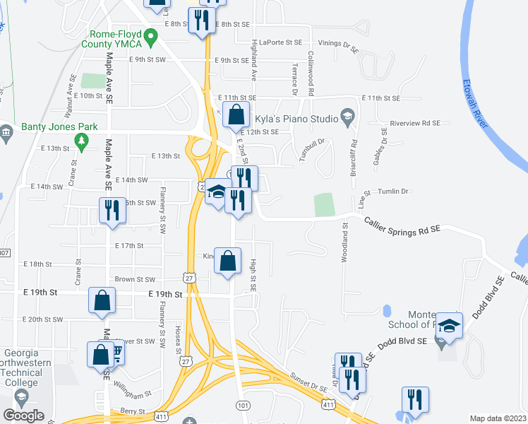 map of restaurants, bars, coffee shops, grocery stores, and more near 2507 Callier Springs Road Southeast in Rome