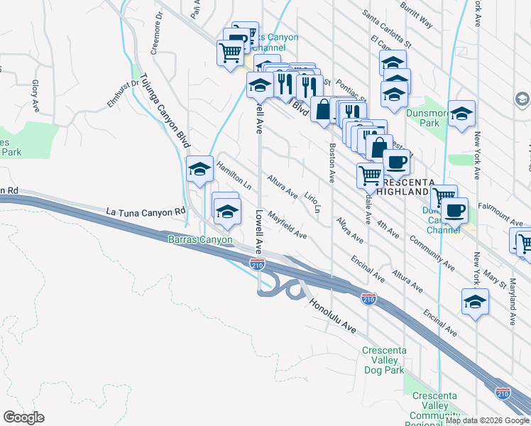map of restaurants, bars, coffee shops, grocery stores, and more near 3960 Mayfield Avenue in La Crescenta-Montrose