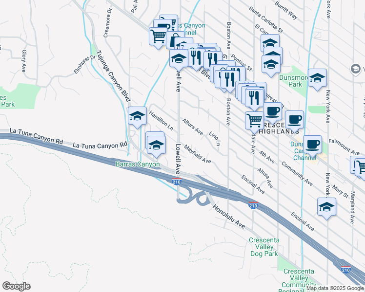 map of restaurants, bars, coffee shops, grocery stores, and more near 3960 Mayfield Avenue in Glendale