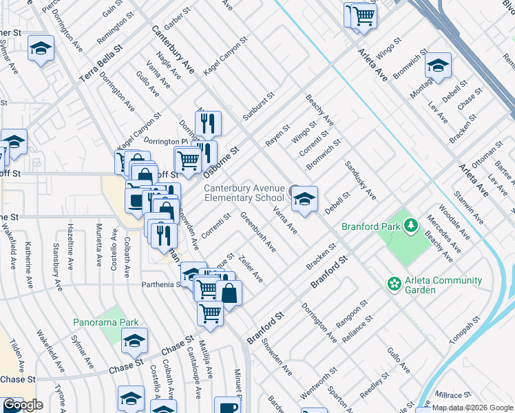 map of restaurants, bars, coffee shops, grocery stores, and more near 8968 Greenbush Avenue in Los Angeles