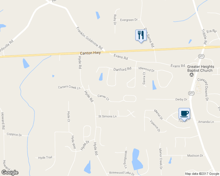 map of restaurants, bars, coffee shops, grocery stores, and more near 4545 Evandale Way in Cumming