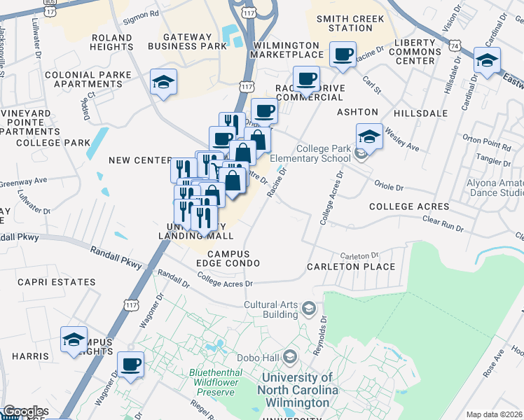 map of restaurants, bars, coffee shops, grocery stores, and more near 411 Racine Drive in Wilmington