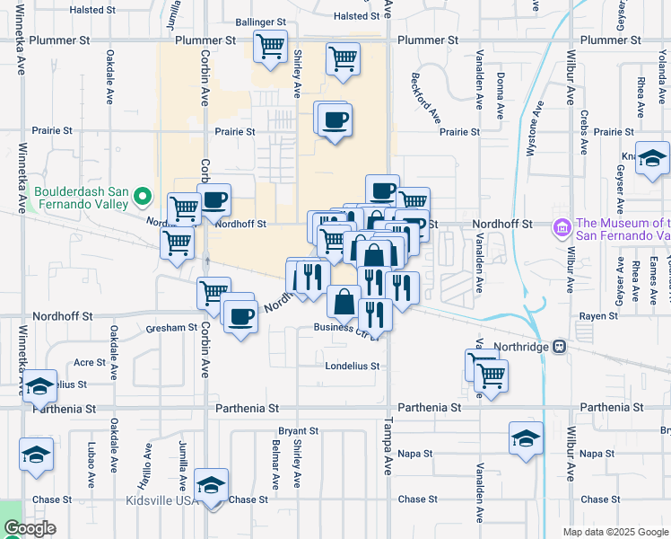 map of restaurants, bars, coffee shops, grocery stores, and more near 19344 West Eddy Street in Los Angeles