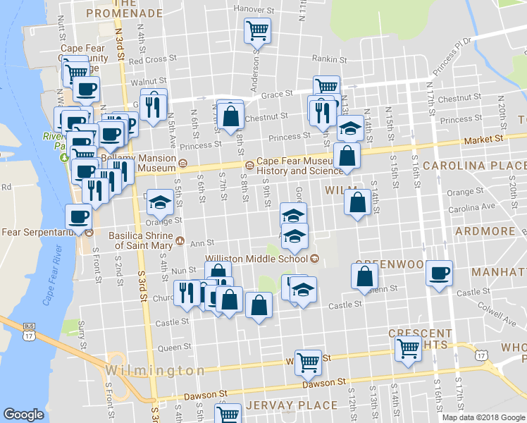 map of restaurants, bars, coffee shops, grocery stores, and more near 815 Orange Street in Wilmington