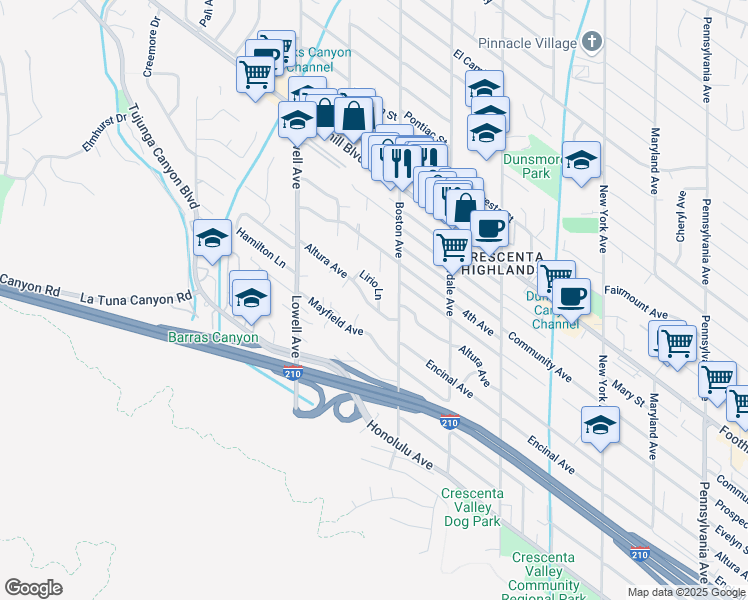 map of restaurants, bars, coffee shops, grocery stores, and more near 3824 Altura Avenue in Glendale