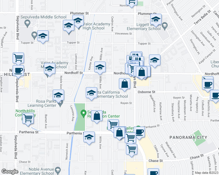 map of restaurants, bars, coffee shops, grocery stores, and more near 8938 Cedros Avenue in Los Angeles