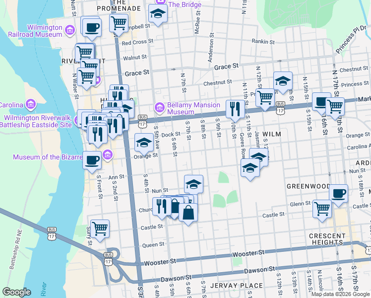 map of restaurants, bars, coffee shops, grocery stores, and more near 209 South 6th Street in Wilmington