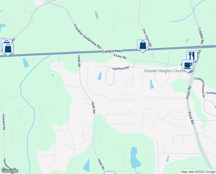 map of restaurants, bars, coffee shops, grocery stores, and more near 4545 Evandale Way in Cumming