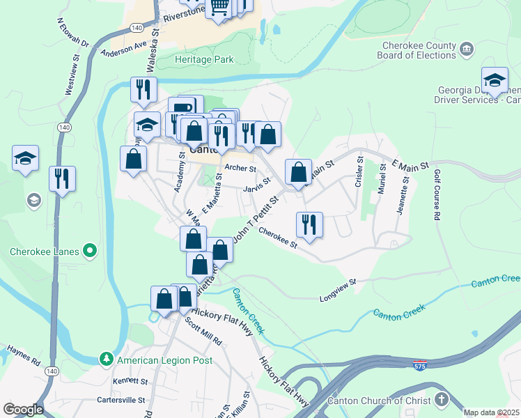 map of restaurants, bars, coffee shops, grocery stores, and more near 201 Doctor John T Pettit Street in Canton