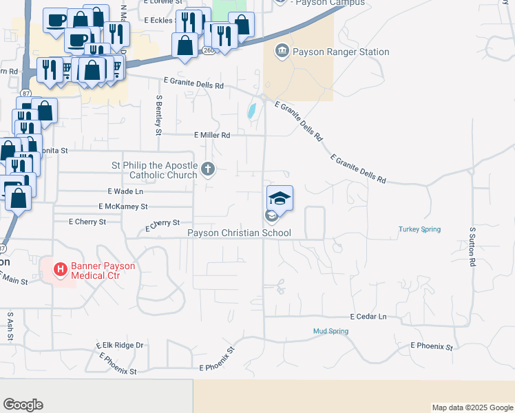 map of restaurants, bars, coffee shops, grocery stores, and more near 512 South Mud Springs Road in Payson
