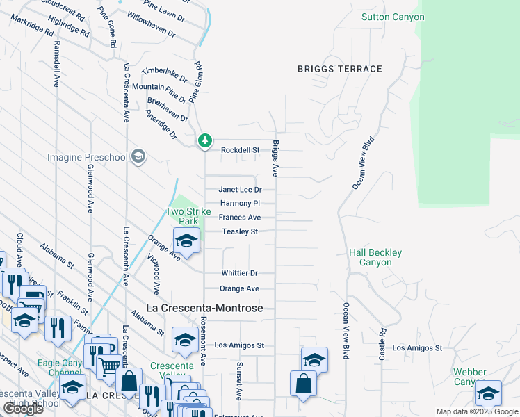 map of restaurants, bars, coffee shops, grocery stores, and more near 2420 Harmony Place in La Crescenta-Montrose