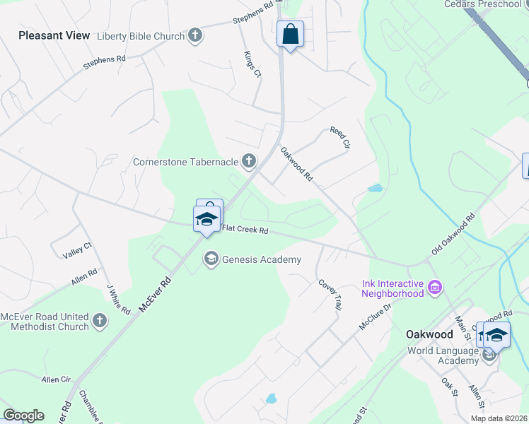 map of restaurants, bars, coffee shops, grocery stores, and more near 4087-4103 Flat Creek Road in Oakwood