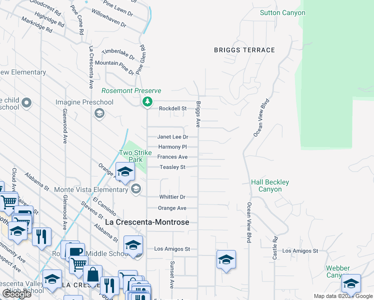 map of restaurants, bars, coffee shops, grocery stores, and more near 2420 Harmony Place in La Crescenta-Montrose