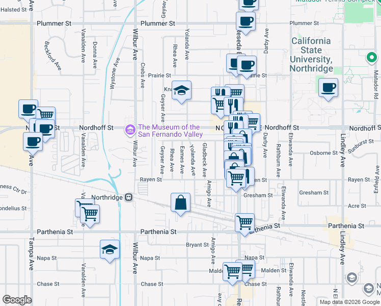 map of restaurants, bars, coffee shops, grocery stores, and more near 9007 Yolanda Avenue in Los Angeles
