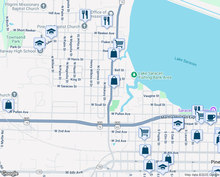 map of restaurants, bars, coffee shops, grocery stores, and more near 405 University Drive in Pine Bluff