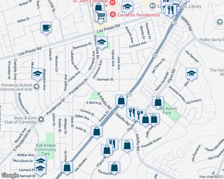 map of restaurants, bars, coffee shops, grocery stores, and more near 3689 Almendro Way in Camarillo