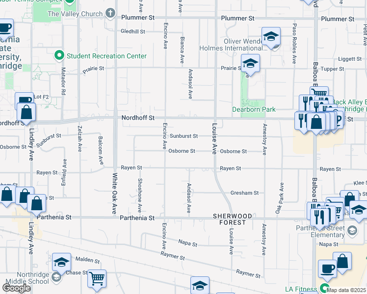 map of restaurants, bars, coffee shops, grocery stores, and more near 17411 Osborne Street in Los Angeles