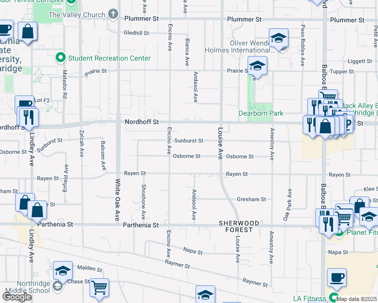 map of restaurants, bars, coffee shops, grocery stores, and more near 17411 Osborne Street in Los Angeles
