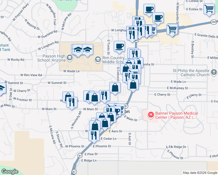 map of restaurants, bars, coffee shops, grocery stores, and more near 303 West Mckamey Street in Payson