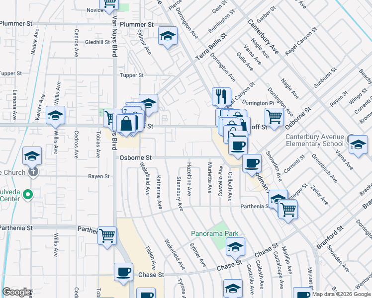 map of restaurants, bars, coffee shops, grocery stores, and more near 14305 Osborne Street in Los Angeles