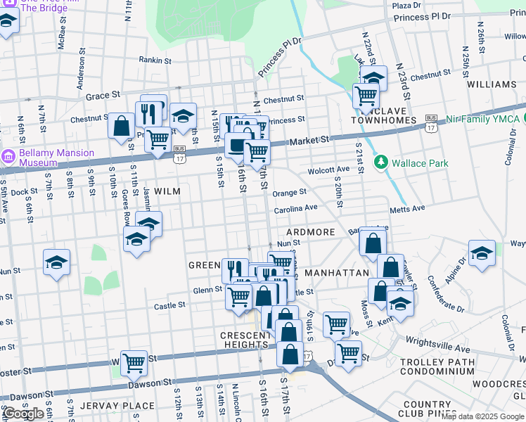 map of restaurants, bars, coffee shops, grocery stores, and more near 216 South 17th Street in Wilmington