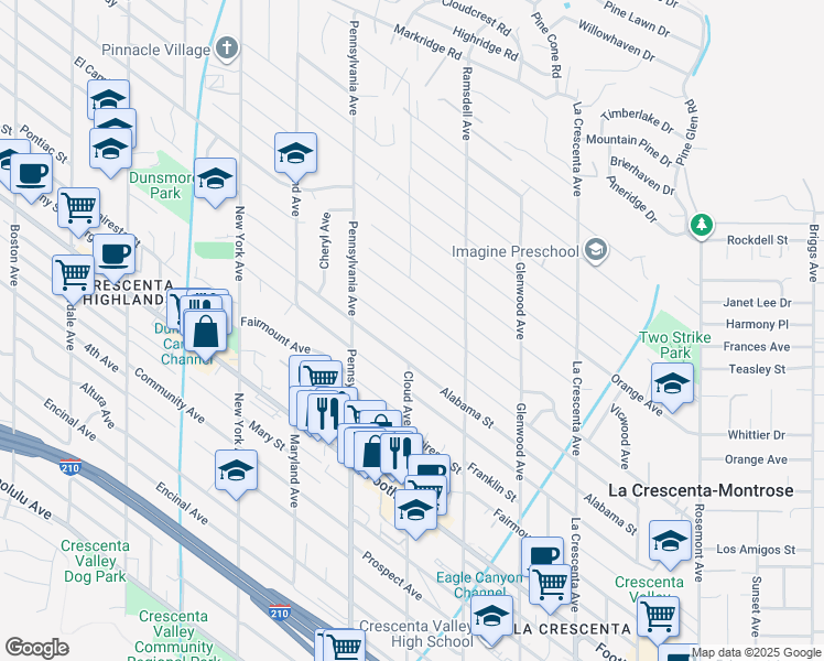 map of restaurants, bars, coffee shops, grocery stores, and more near Stevens Street in La Crescenta-Montrose