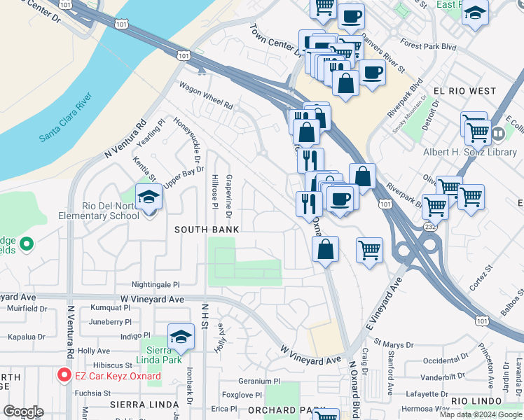 map of restaurants, bars, coffee shops, grocery stores, and more near 445 Dewberry Lane in Oxnard