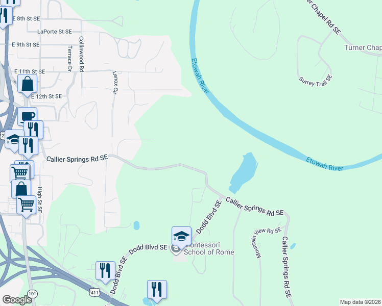 map of restaurants, bars, coffee shops, grocery stores, and more near 2625 Callier Springs Road Southeast in Rome