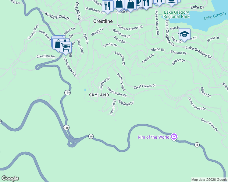map of restaurants, bars, coffee shops, grocery stores, and more near 1037 Mars Way in Crestline